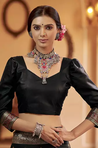 Elora soft silk floral butti pashmina  zari jacquard work designer saree (black)