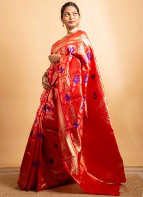 Red and gold banarasi art-silk saree 5