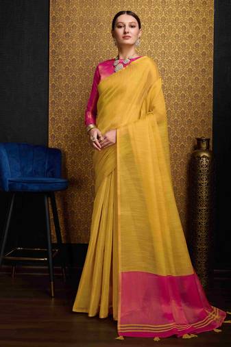 Yellow Green Blend Linen Tissue Contrust Pallu Saree With Blouse
