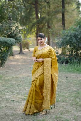 Yellow art silk blend weaving saree with woven fancy tassels  1