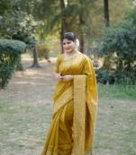 Yellow art silk weaving saree with woven fancy tassels 