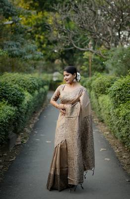 Beige Art silk blend weaving saree with woven fancy tassels  1