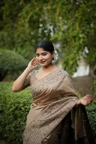 Beige Art silk blend weaving saree with woven fancy tassels 