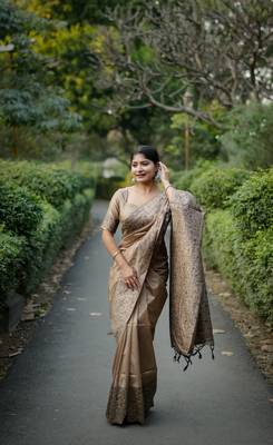 Beige Art silk blend weaving saree with woven fancy tassels  3