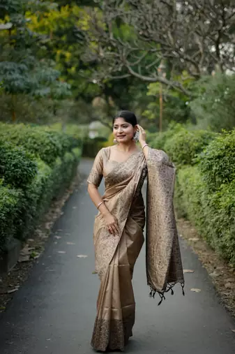 Beige Art silk blend weaving saree with woven fancy tassels 