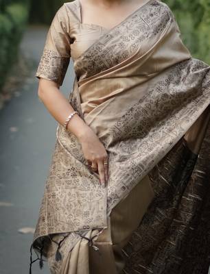 Beige Art silk blend weaving saree with woven fancy tassels  4