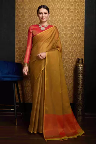 Golden Blend Linen Tissue Contrust Pallu Saree With Blouse