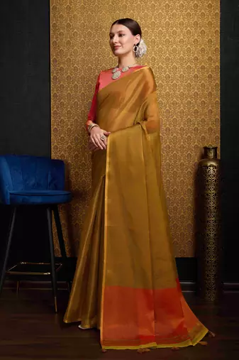Golden Blend Linen Tissue Contrust Pallu Saree With Blouse