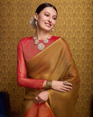 Golden Blend Linen Tissue Contrust Pallu Saree With Blouse 4