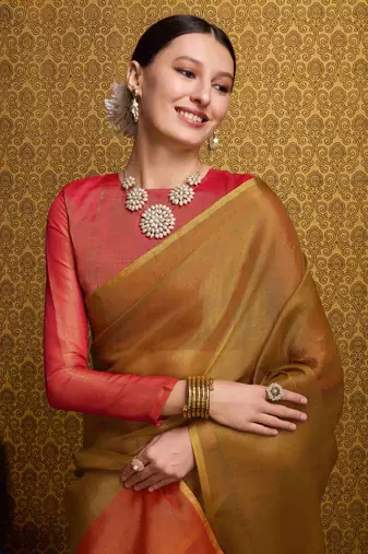 Golden Blend Linen Tissue Contrust Pallu Saree With Blouse