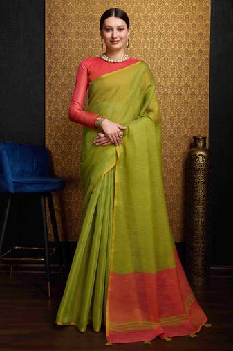 Pista Green Blend Linen Tissue Contrust Pallu Saree With Blouse