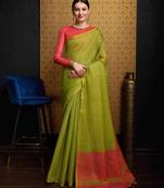 Pista Green Blend Linen Tissue Contrust Pallu Saree With Blouse