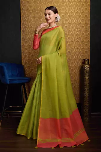 Pista Green Blend Linen Tissue Contrust Pallu Saree With Blouse