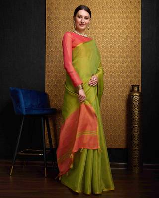 Pista Green Blend Linen Tissue Contrust Pallu Saree With Blouse 3