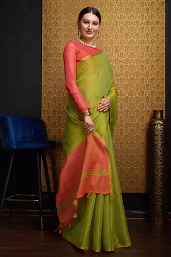 Pista Green Blend Linen Tissue Contrust Pallu Saree With Blouse