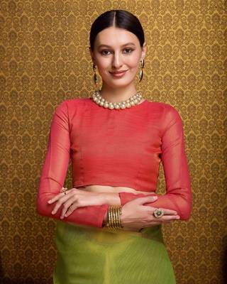 Pista Green Blend Linen Tissue Contrust Pallu Saree With Blouse 5