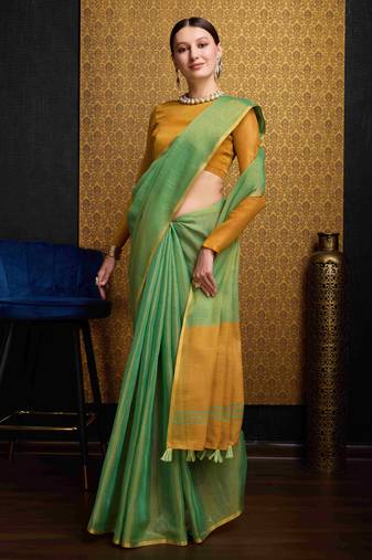 Sea Green Blend Linen Tissue Contrust Pallu Saree With Blouse