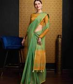Sea Green Blend Linen Tissue Contrust Pallu Saree With Blouse