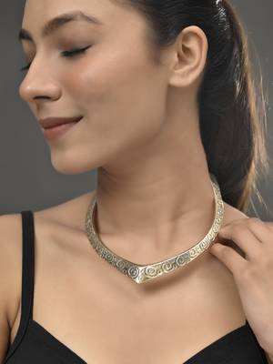 Gold plated v-shaped necklace with intricate swirl patterns for women 1