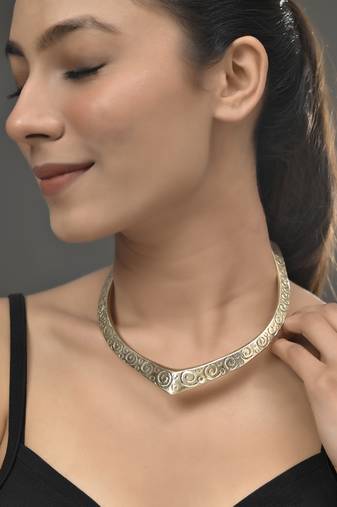 Gold plated v-shaped necklace with intricate swirl patterns for women