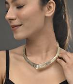 Gold plated v-shaped necklace with intricate swirl patterns for women