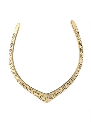 Gold plated v-shaped necklace with intricate swirl patterns for women 3