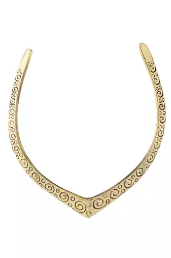 Gold plated v-shaped necklace with intricate swirl patterns for women