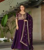 Purple vichitrs silk zari sequins embroidered flared gown with heavy dupatta