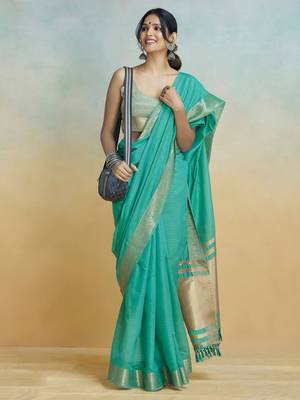 Sea green Striped Zari Art Silk Saree With Blouse For Women 1
