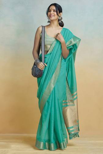 Sea green Striped Zari Art Silk Saree With Blouse For Women