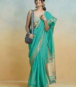 Sea green Striped Zari Art Silk Saree With Blouse For Women