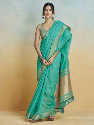 Sea green Striped Zari Art Silk Saree With Blouse For Women 2