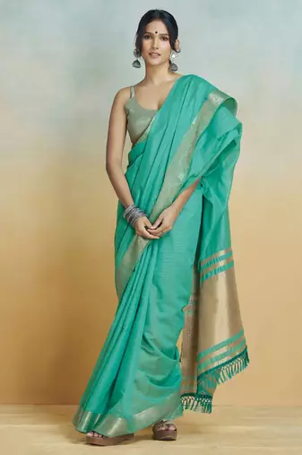 Sea green Striped Zari Art Silk Saree With Blouse For Women