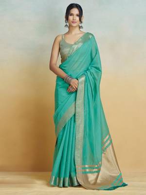 Sea green Striped Zari Art Silk Saree With Blouse For Women 3