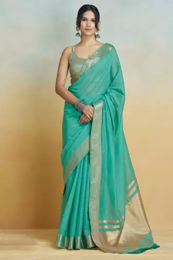 Sea green Striped Zari Art Silk Saree With Blouse For Women