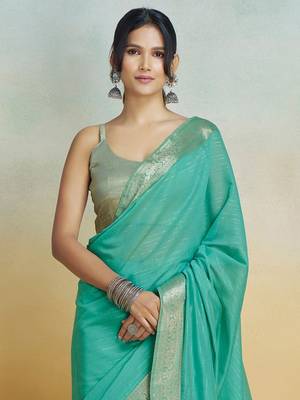 Sea green Striped Zari Art Silk Saree With Blouse For Women 4