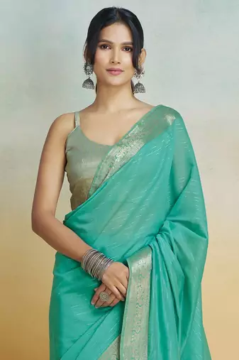 Sea green Striped Zari Art Silk Saree With Blouse For Women