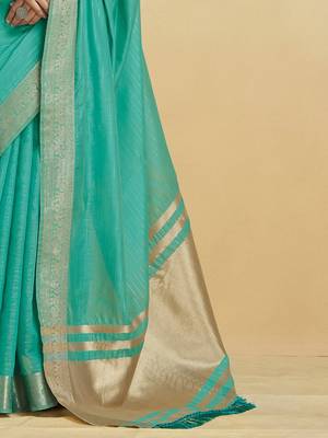 Sea green Striped Zari Art Silk Saree With Blouse For Women 5