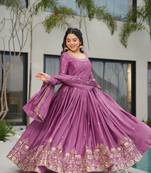 Onion chinnon embroidery zari sequins flared gown with heavy dupatta