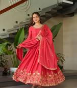 Peach chinnon embroidery zari sequins flared gown with heavy dupatta