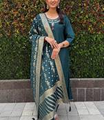 Roman silk pure hand work stitched kurta pant dupatta set