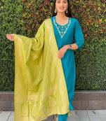 Roman silk pure hand work stitched kurta pant dupatta set