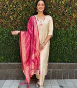 Roman silk pure hand work stitched kurta pant dupatta set 