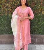 Roman silk pure hand work stitched kurta pant dupatta set 