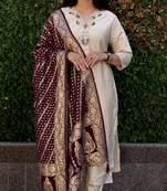 Roman silk pure hand work stitched kurta pant dupatta set