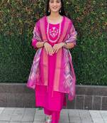 Roman silk pure hand work stitched kurta pant dupatta set 