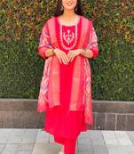 Roman silk pure hand work stitched kurta pant dupatta set 