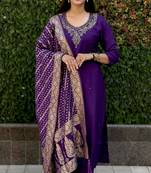 Roman silk pure hand work stitched kurta pant dupatta set