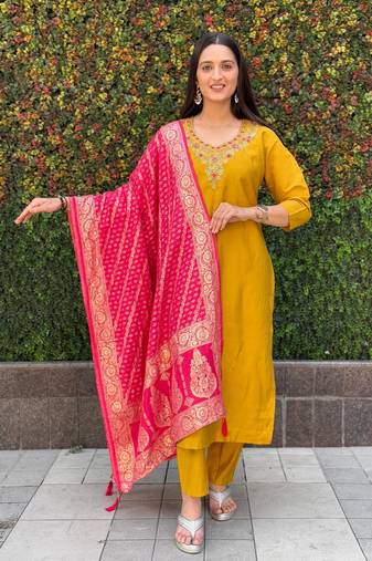 Roman silk pure hand work stitched kurta pant dupatta set 
