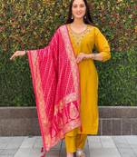 Roman silk pure hand work stitched kurta pant dupatta set